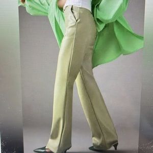 Avec Les Filles Soft Faux Leather Flare Beautiful Sage Trousers with Pockets